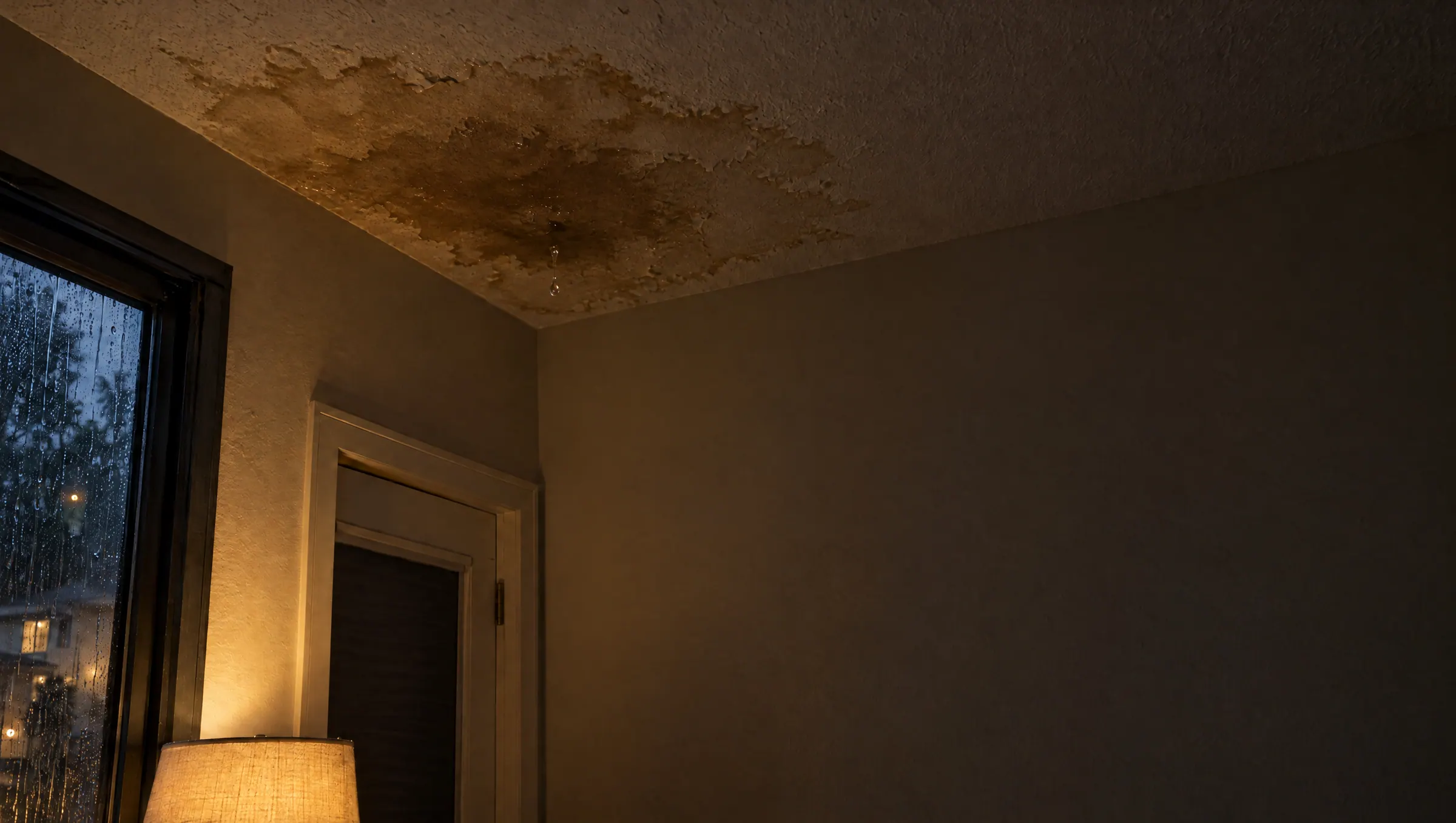A water stain spreading across a living room ceiling, a drop falling