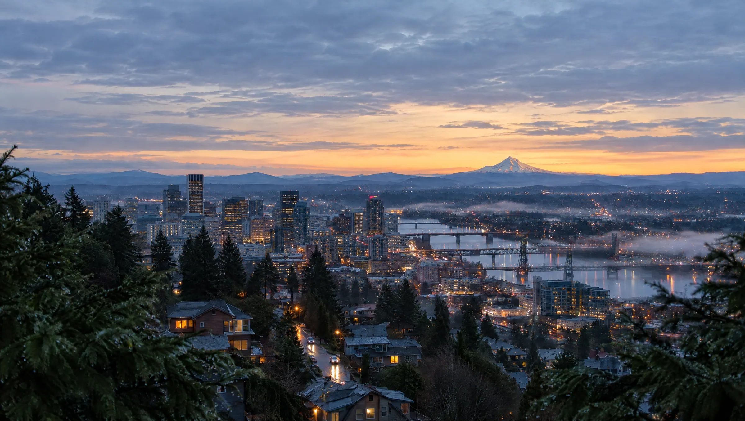 Portland at dawn from the West Hills, the rain stopped and Mount Hood clear on the horizon