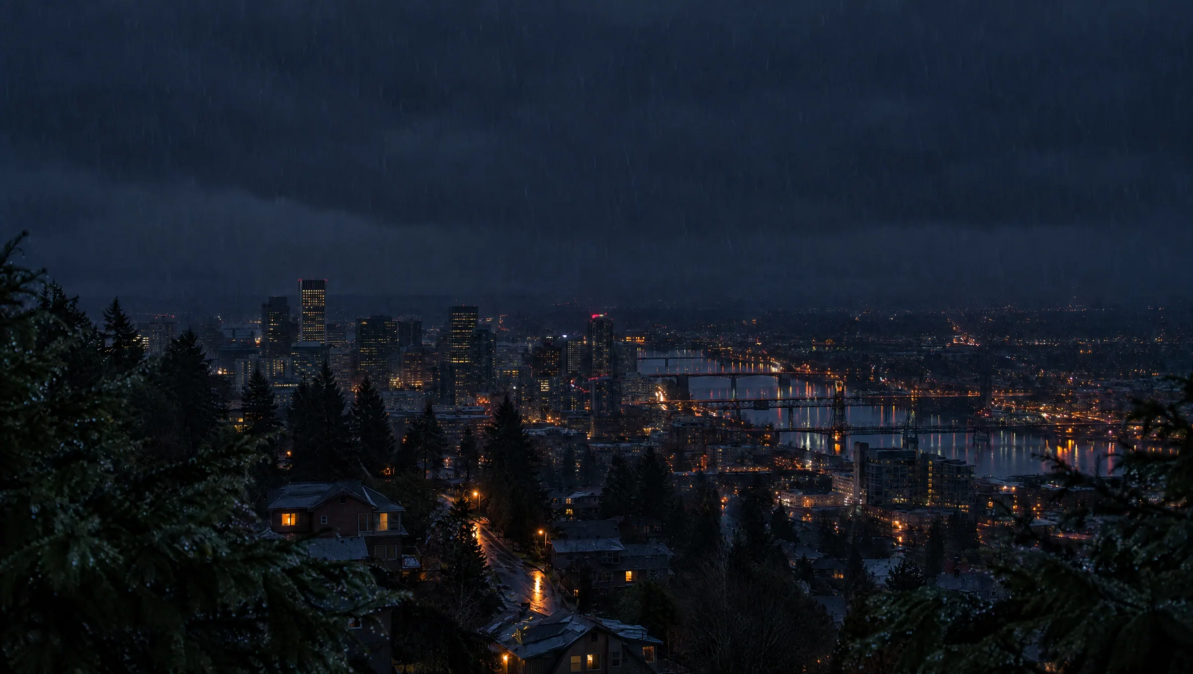 Portland at 2 AM from the West Hills, almost every window dark, rain falling