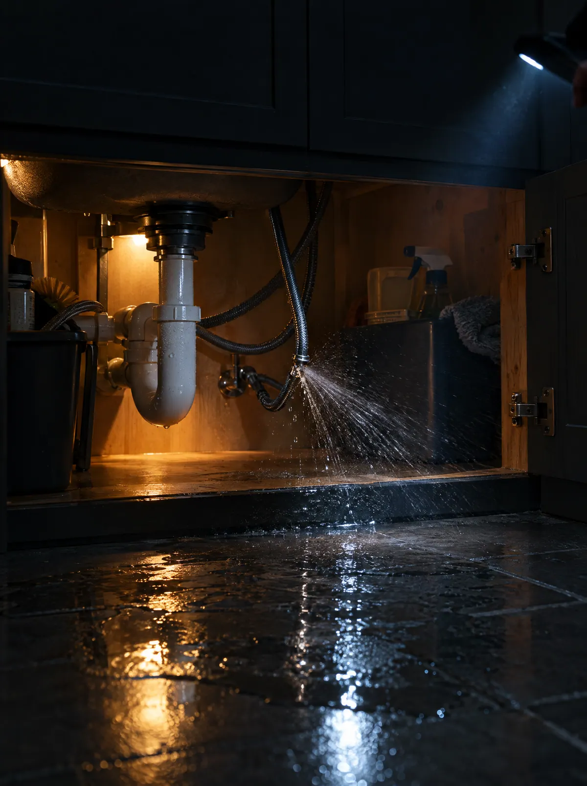 Water spraying from a burst pipe under a kitchen sink at night